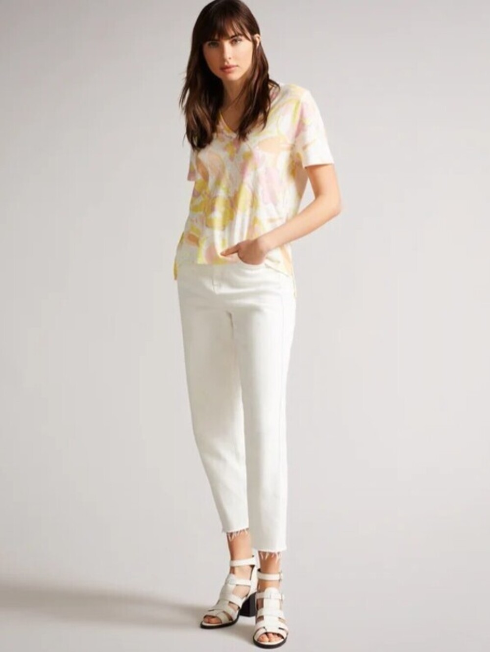 Ted Baker Yellow and PInk CIANA Floral Cotton Linen V-Neck Top - Size - 5 (XXL)